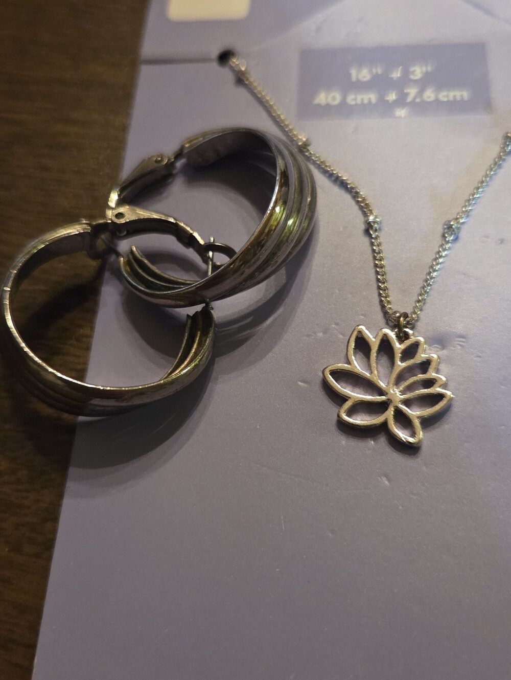 Silver Lotus Pendant Necklace with Hoop Earrings - Women Jewelry